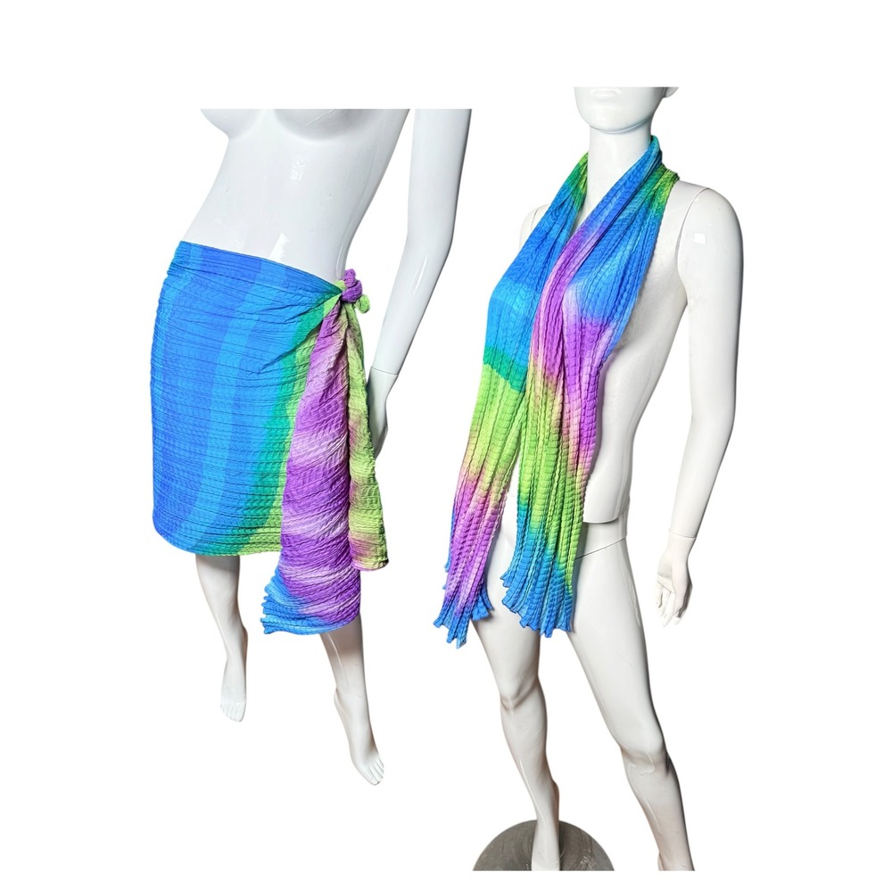 Rainbow Tie Dye Plisse Sarong Scarf Multi Way Wrap Blue Green‎ Purple Textured